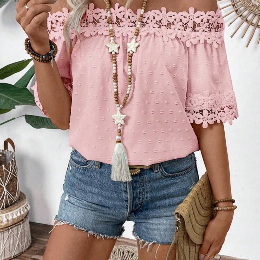 Pink Lace Off-Shoulder Top - Picture 4 of 6
